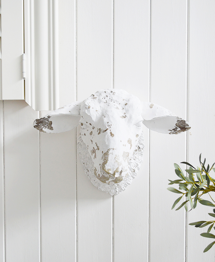 Decorative White Sheep Head Wall Decor designed to perfectly complement our New England Coastal and Country home interiors with our bedroom, living room anf hallway white furniture from The White Lighthouse