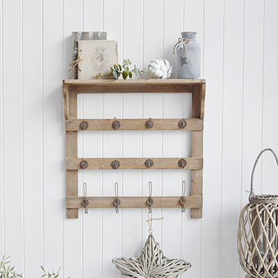 Pawtucket wooden wall shelf with twelve hooks