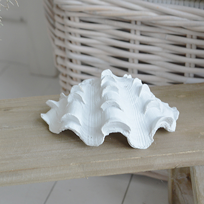 Resin White Clam Shell - Coffee Table Decor Elegant Coastal New England from The White Lighthouse Home. White Furniture and home decor accessories for the home interiors. New england and Hamptons interiors for luxury coastal home and beach home interiors