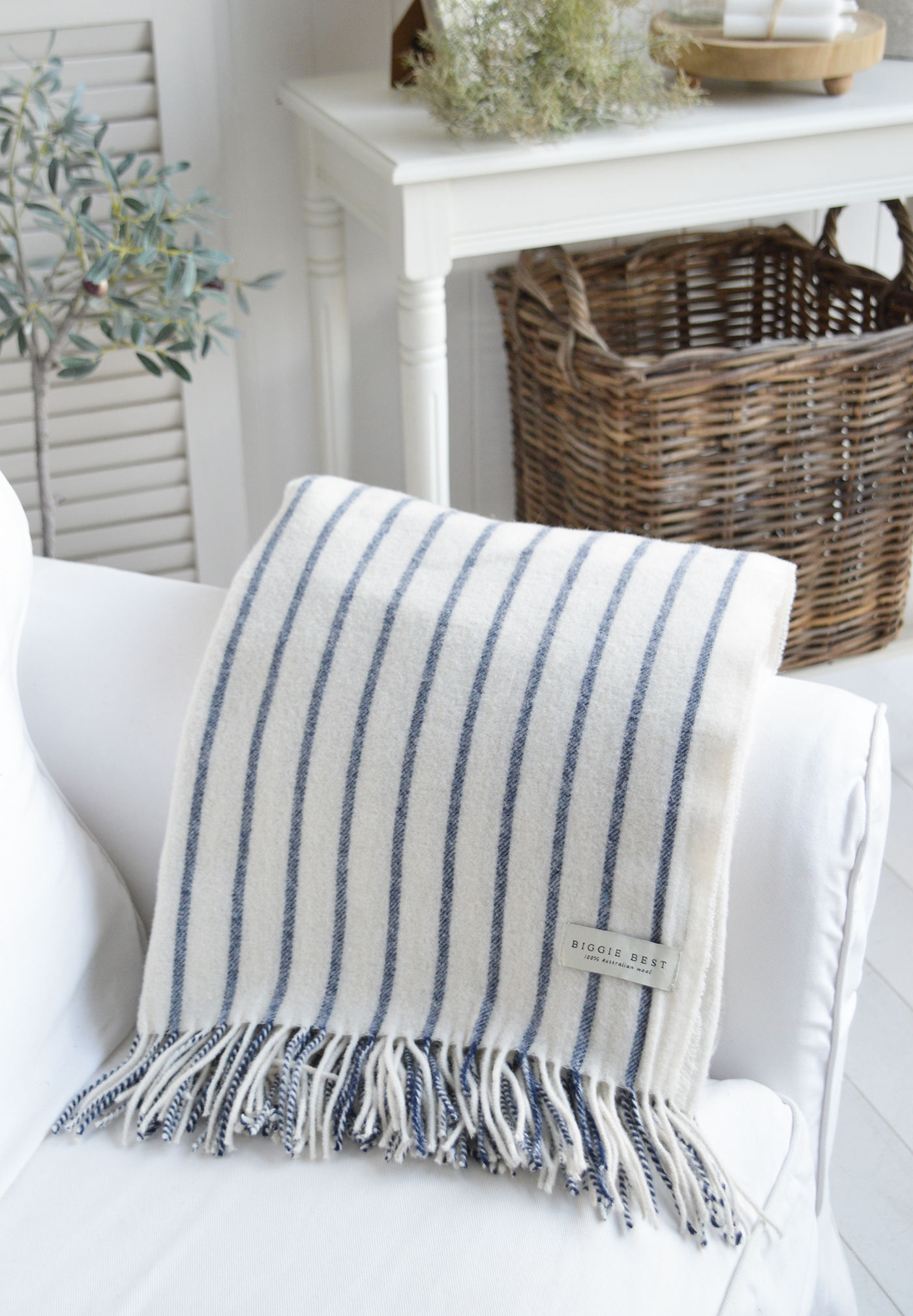 Sudbury navy and white stripe wool throw for coastal and Hamptons interiors