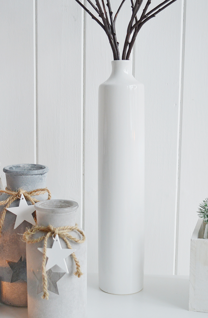 Tall white vase from The White Lighthouse Furniture for New England white interiors