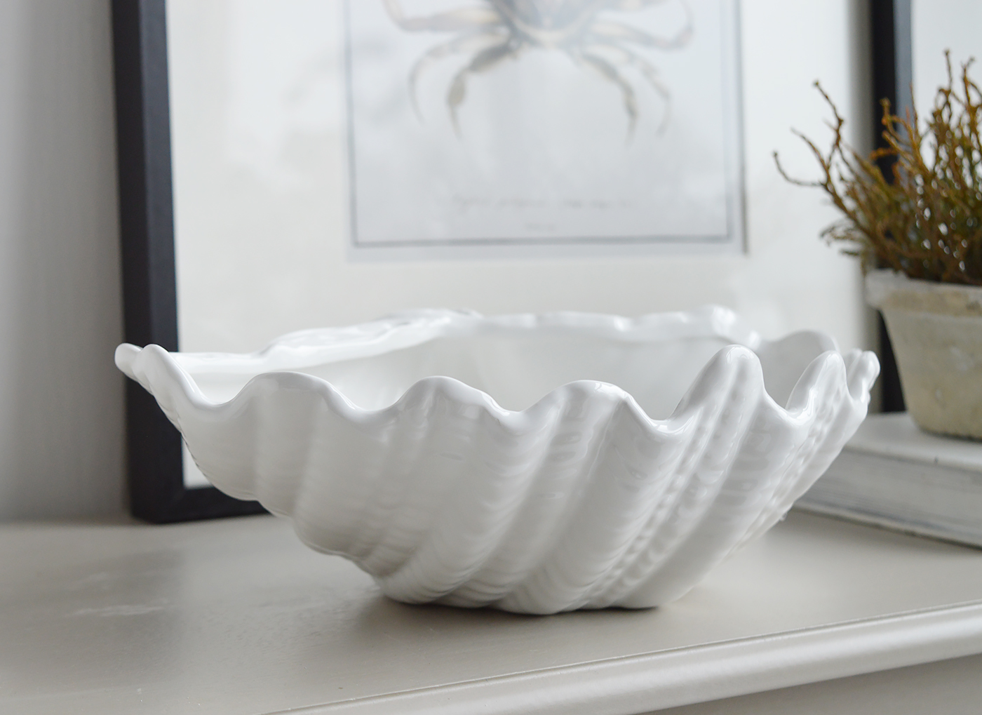 White Ceramic Clam Dish - Hamptons Coastal Console Table Styling and Decor