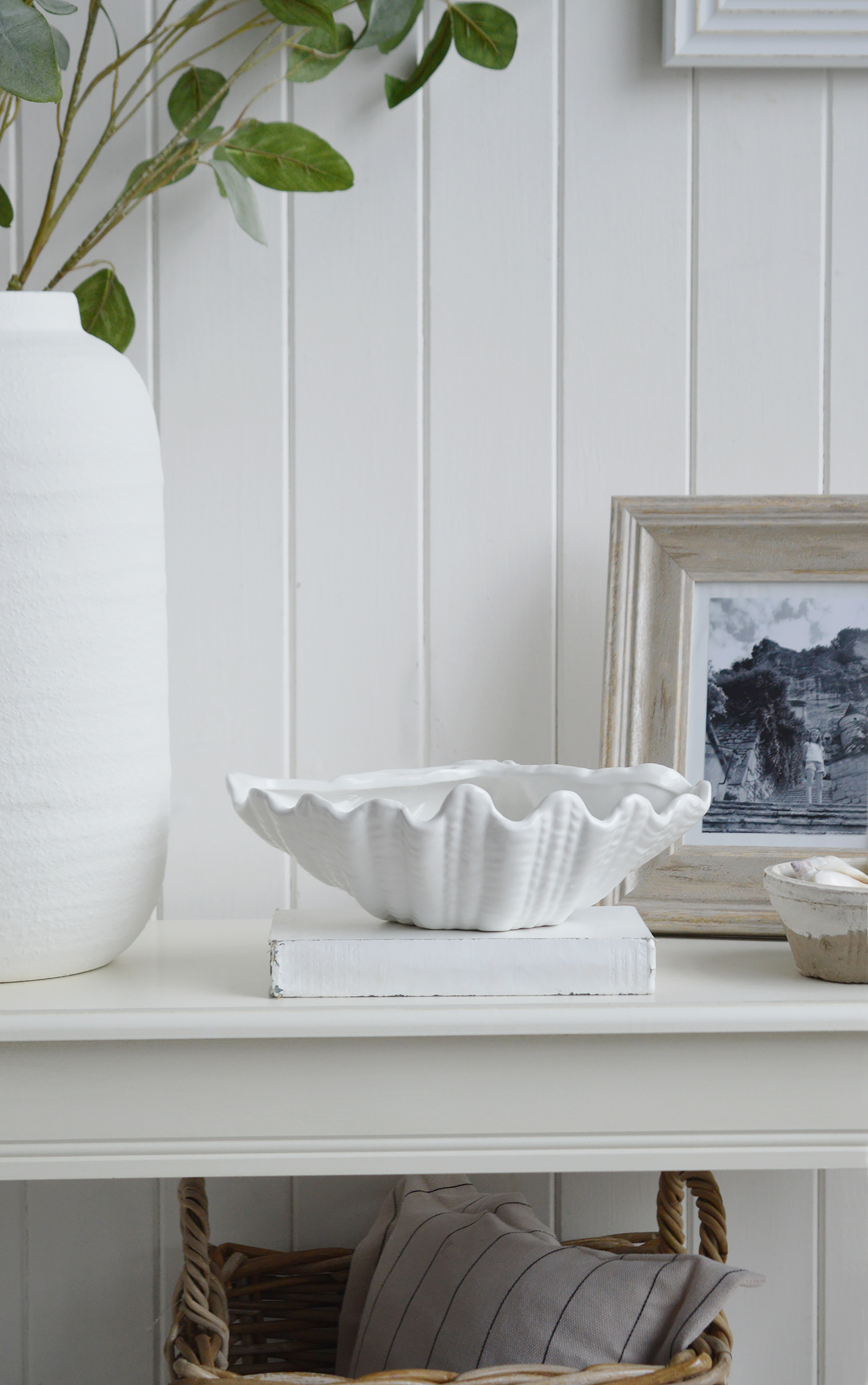 White Ceramic Clam Dish - Hamptons Coastal Console Table Styling and Decor in a white interior