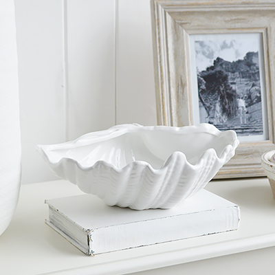 White Ceramic Clam Dish - Hamptons Coastal Console Table Styling and Decor in a white interior