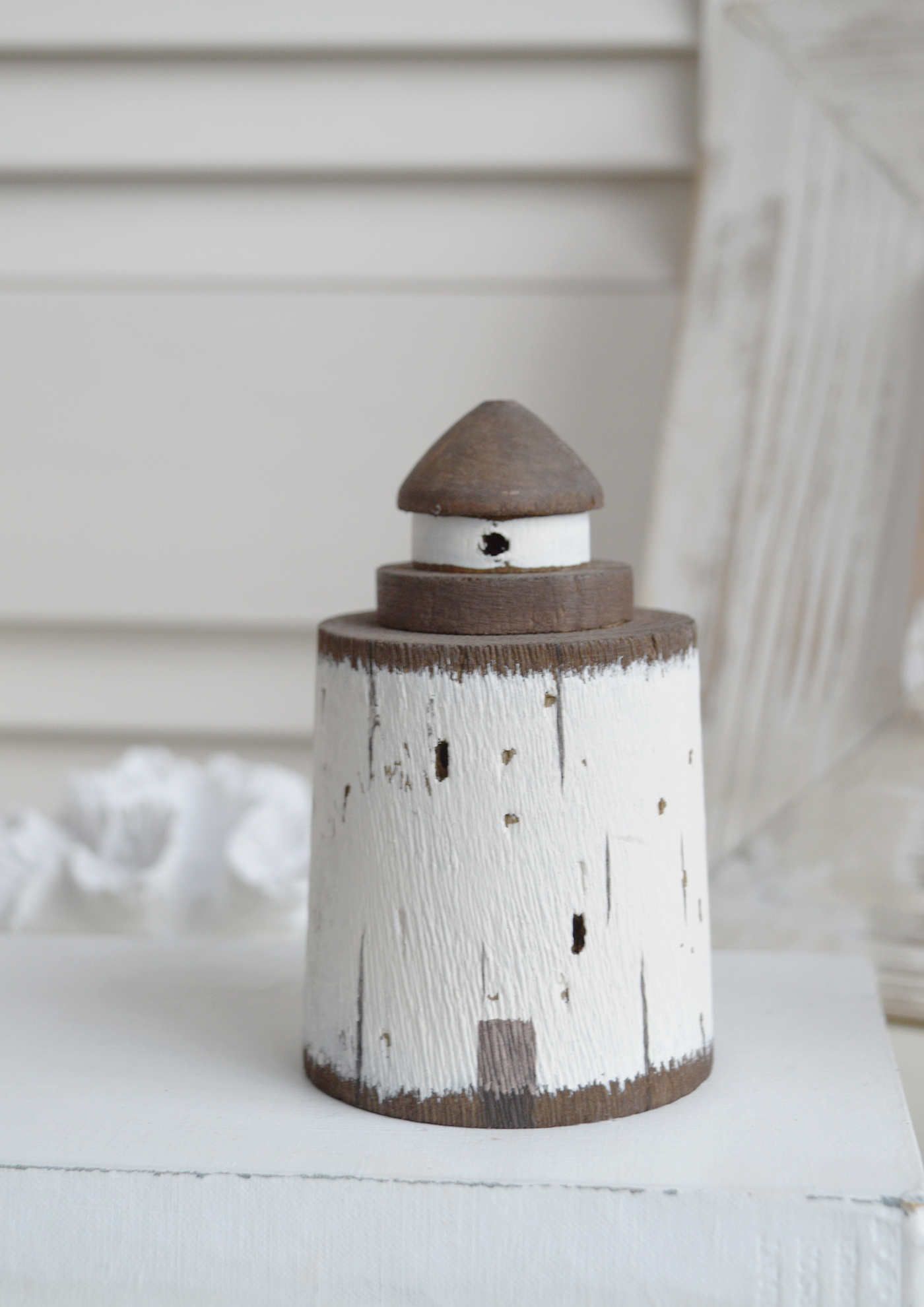 Small rustic Wooden Distressed Lighthouse - Nautical Coastal Home Accessories