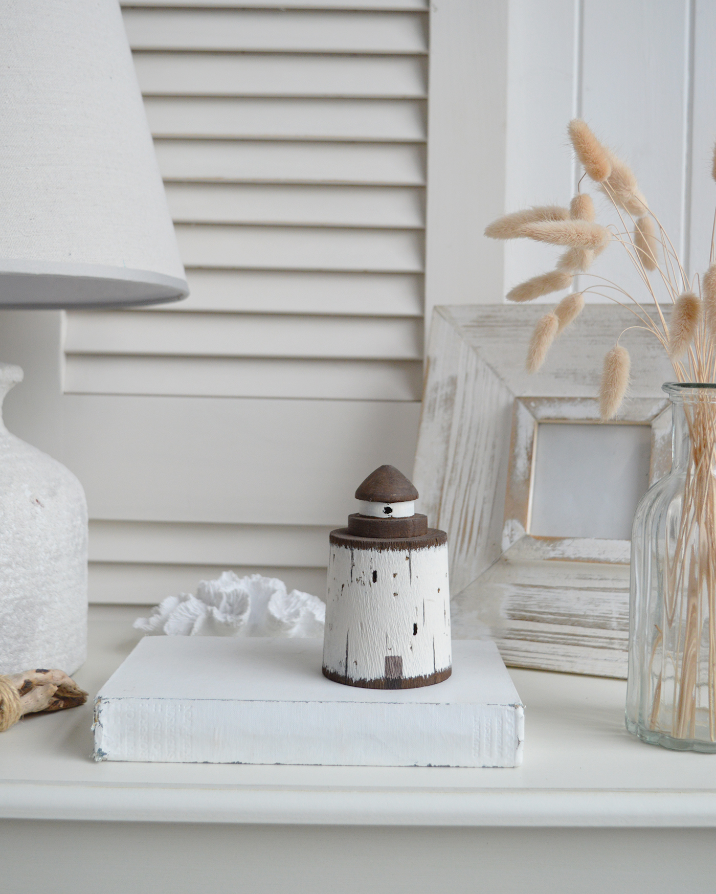 Small Wooden Distressed Lighthouse - Nautical Coastal Home Accessories