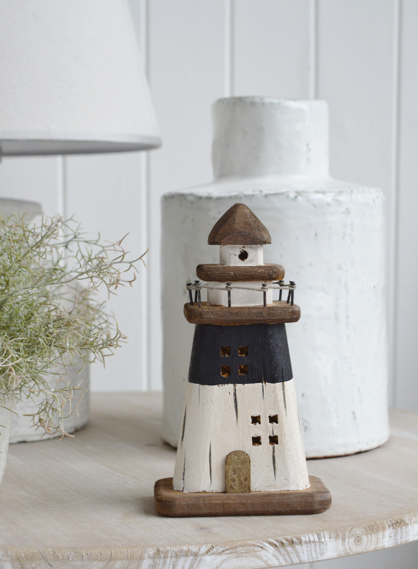 Small rustic Wooden Distressed Lighthouse - Nautical Coastal Home Accessories