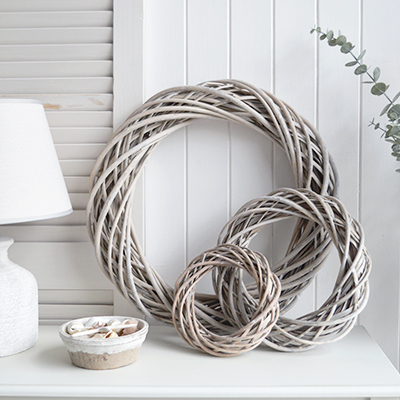 Grey round Willow Wreath for a traditional New England look to your room when styling or decorating coastal amd modern farmhouse homes and interiors