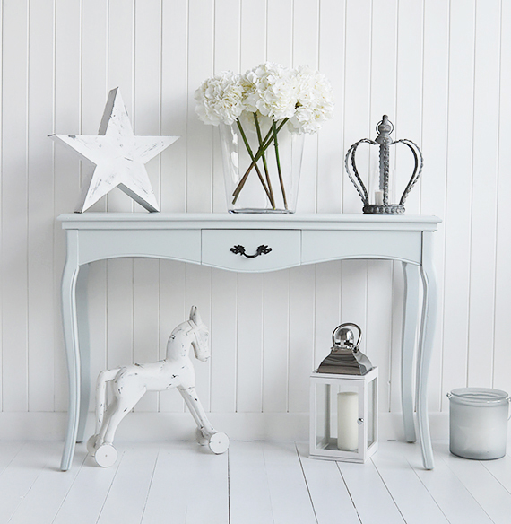 White and grey living room and hall decorating ideas. Pebble Grey Console Table