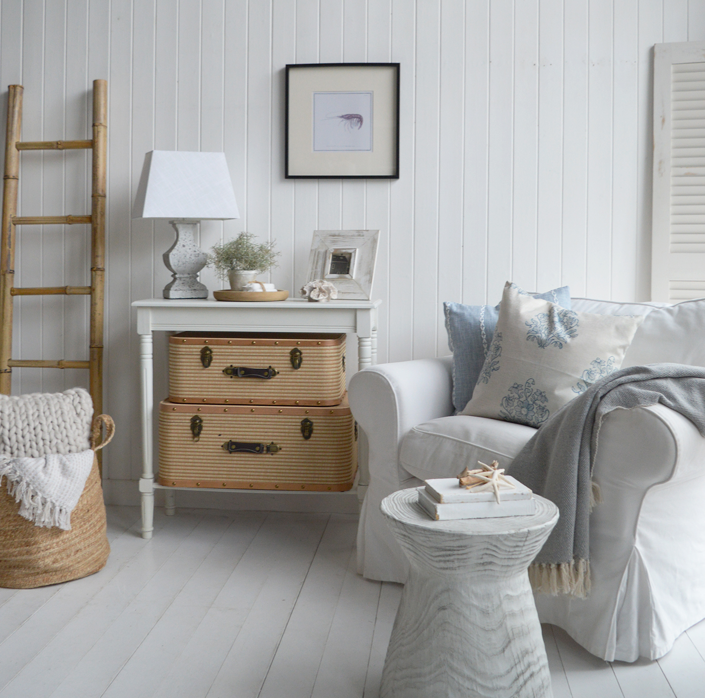 Every element — from shiplap walls to rattan accents — echoes the laid-back charm of beachside living.