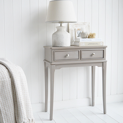 The Bristol Small Console Table is a slim grey wooden console table designed for modern coastal interiors and refined neutral homes.