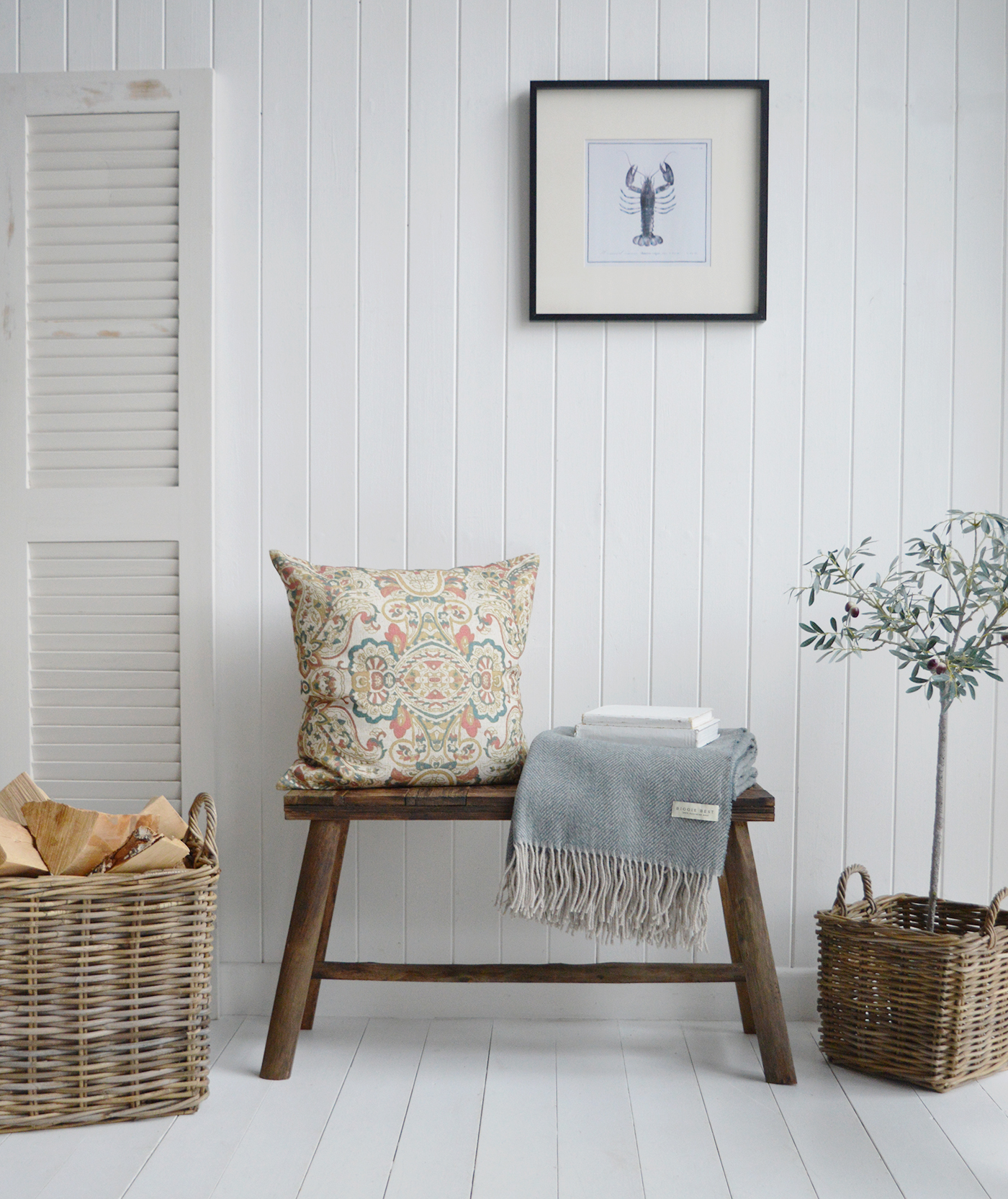 The Brunswick bench with the Maple Grove Cushion and Sudbuty Throw for a Hamptons or New England Coastal styled home