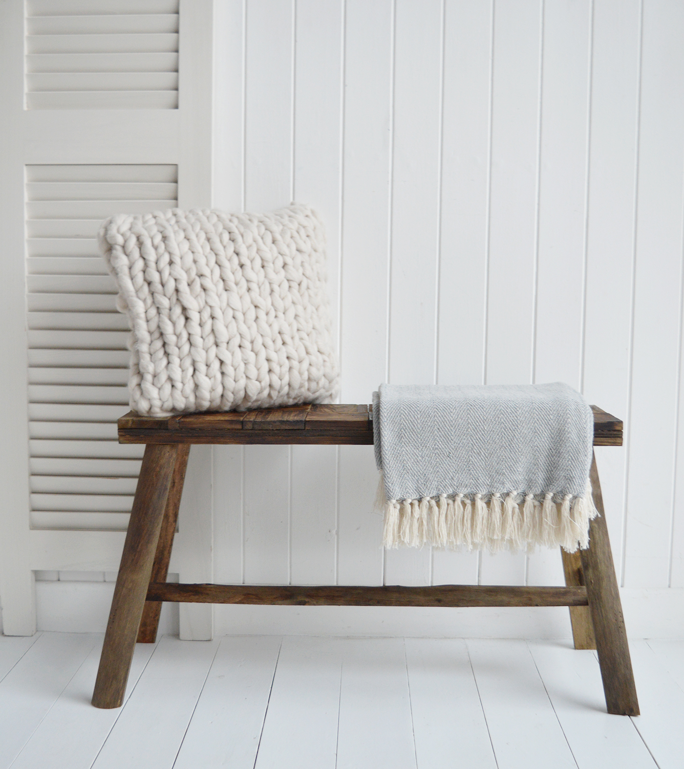 Brunswick Rustic Wooden  Bench made from reclaimed wood - a perfect piece in a New England coastally inspired home