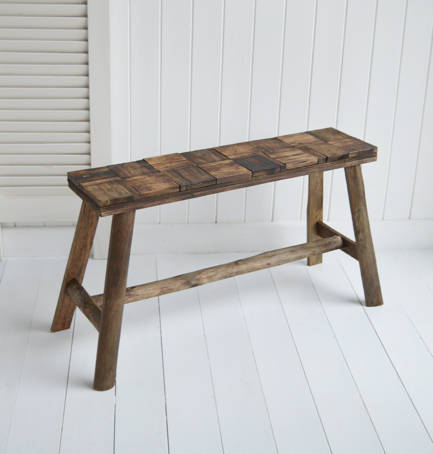 Brunswick Rustic Wooden  Bench made from dark reclaimed wood - a perfect piece in a New England modern farmhouse inspired home