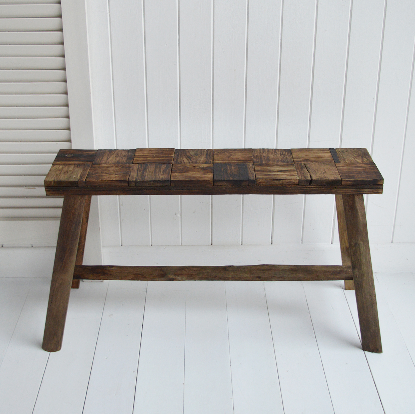 Brunswick Rustic Wooden  Bench made from reclaimed wood - a perfect piece in a New England modern farmhouse inspired home