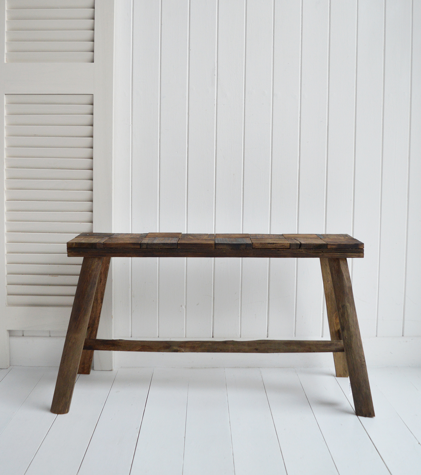 Brunswick Rustic Wooden  Bench made from reclaimed wood - a perfect piece in a New England coastally inspired home