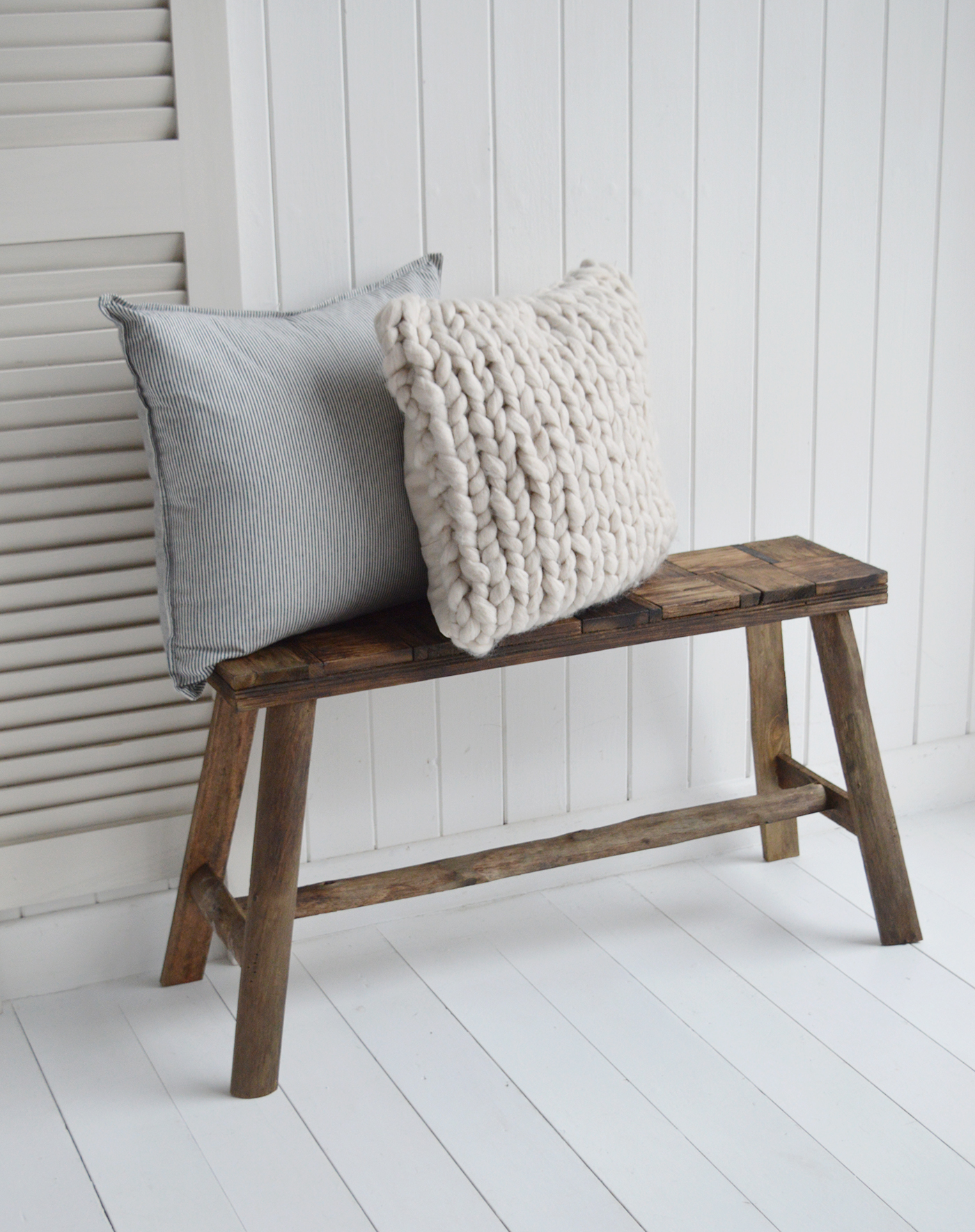 Brunswick Rustic Wooden  Bench made from reclaimed wood - a perfect piece in a Hamptons coastal inspired home