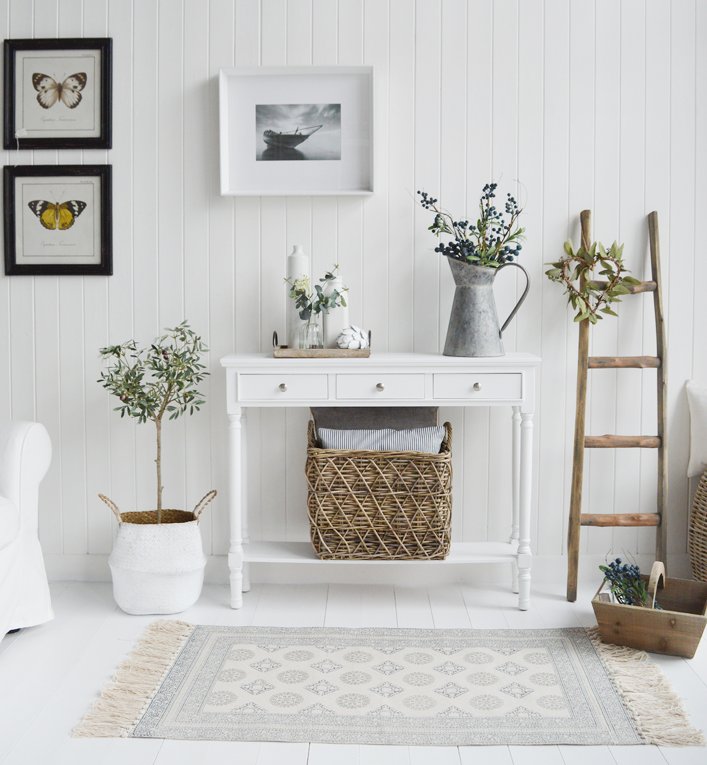 The Georgetown white console table with drawers and a shelf for narrow hallways