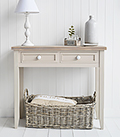 Kittery Grey Console Table with white handles on drawers