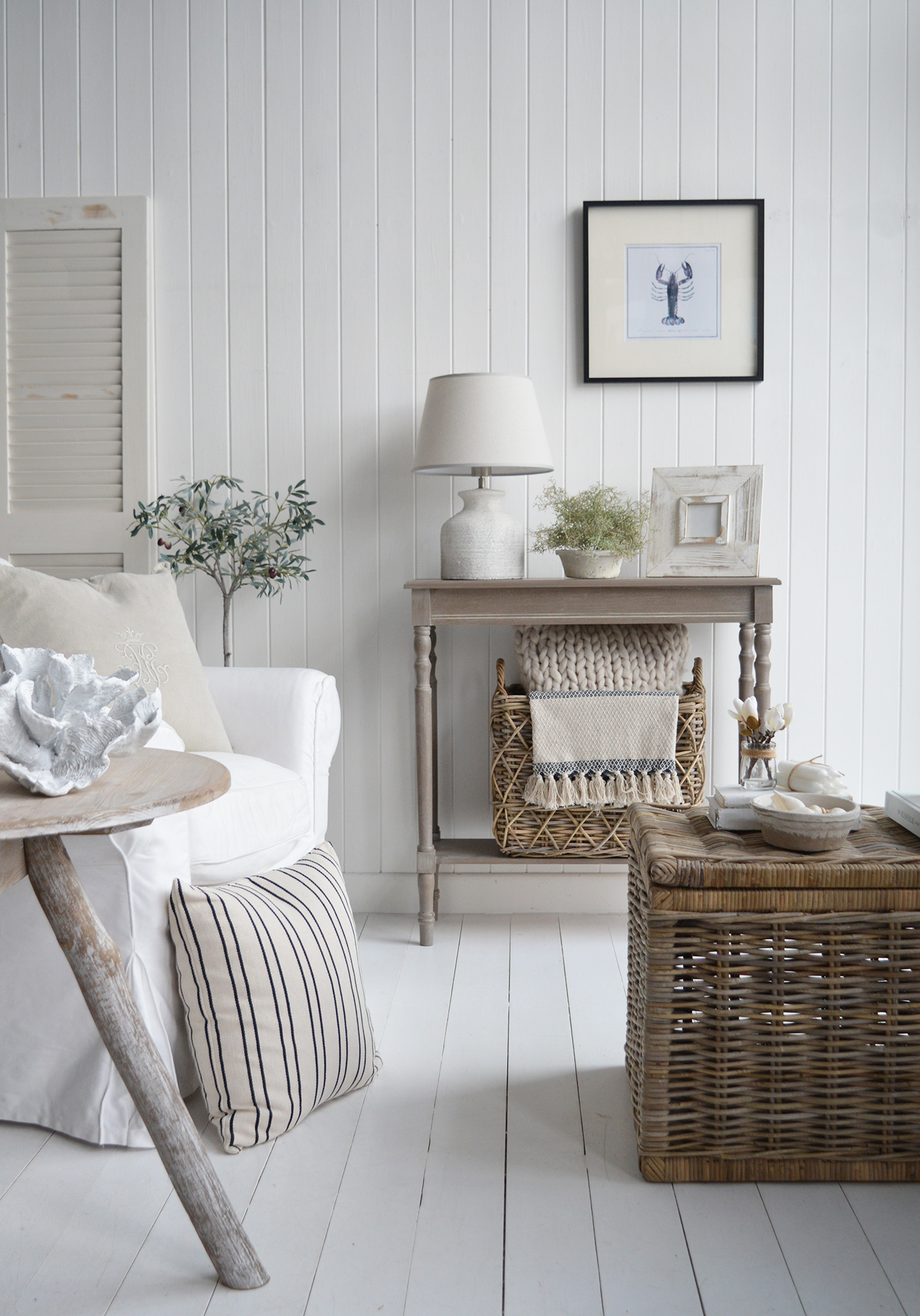 The Montauk console table with a shelf in driftwood grey for Hamptons coastal and beach farmhouse interiors