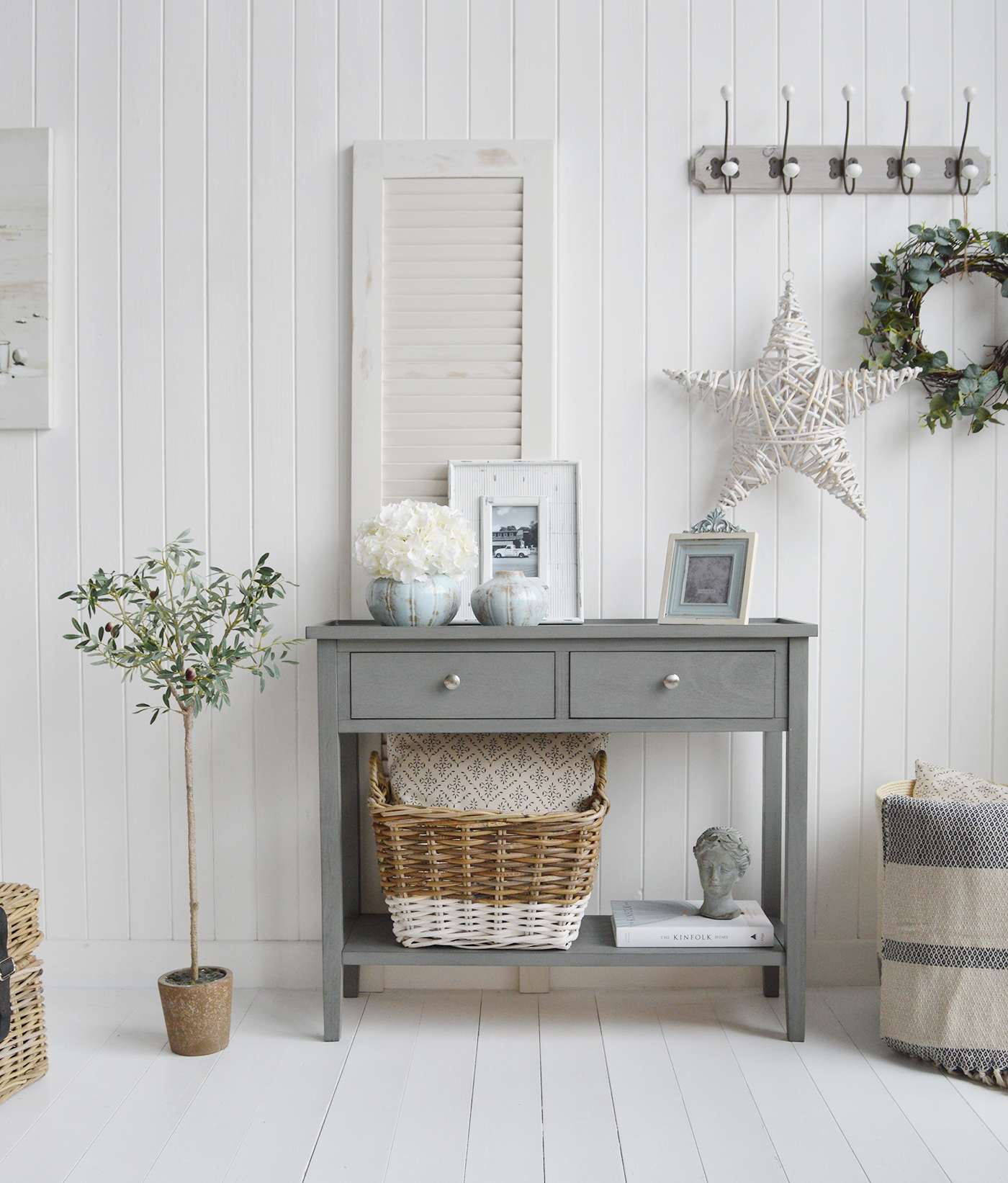 Oxford Grey Console Table with Shelf and Drawers - New England Country,  Coastal, farmhouse Furniture
