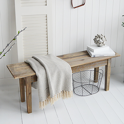 Pawtucket wooden distressed seat bench for bedroom furniture