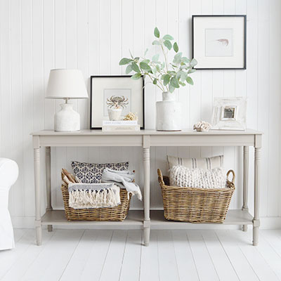 The Plymouth large console table is a timeless piece perfect for creating a New England coastal hallway or living room interior.