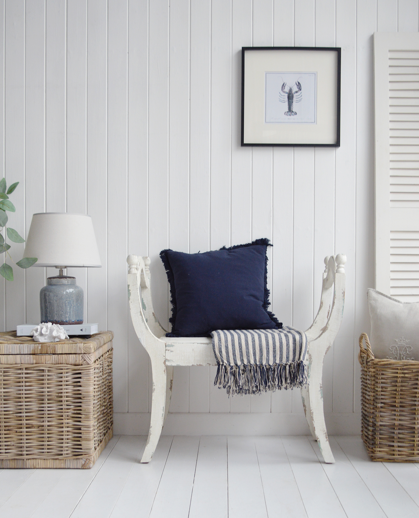 The Provincetown distressed white seat, a piece of coastal aged furniture