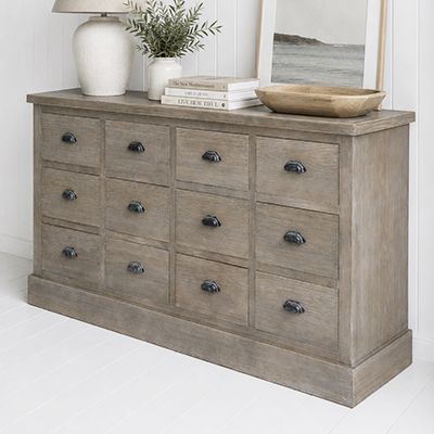 Bring timeless coastal charm to your home with the Stonington 12 Drawer Chest. Featuring twelve spacious drawers, a beautifully weathered wood finish and classic styling, it’s perfect for New England, Hamptons and modern coastal interiors.