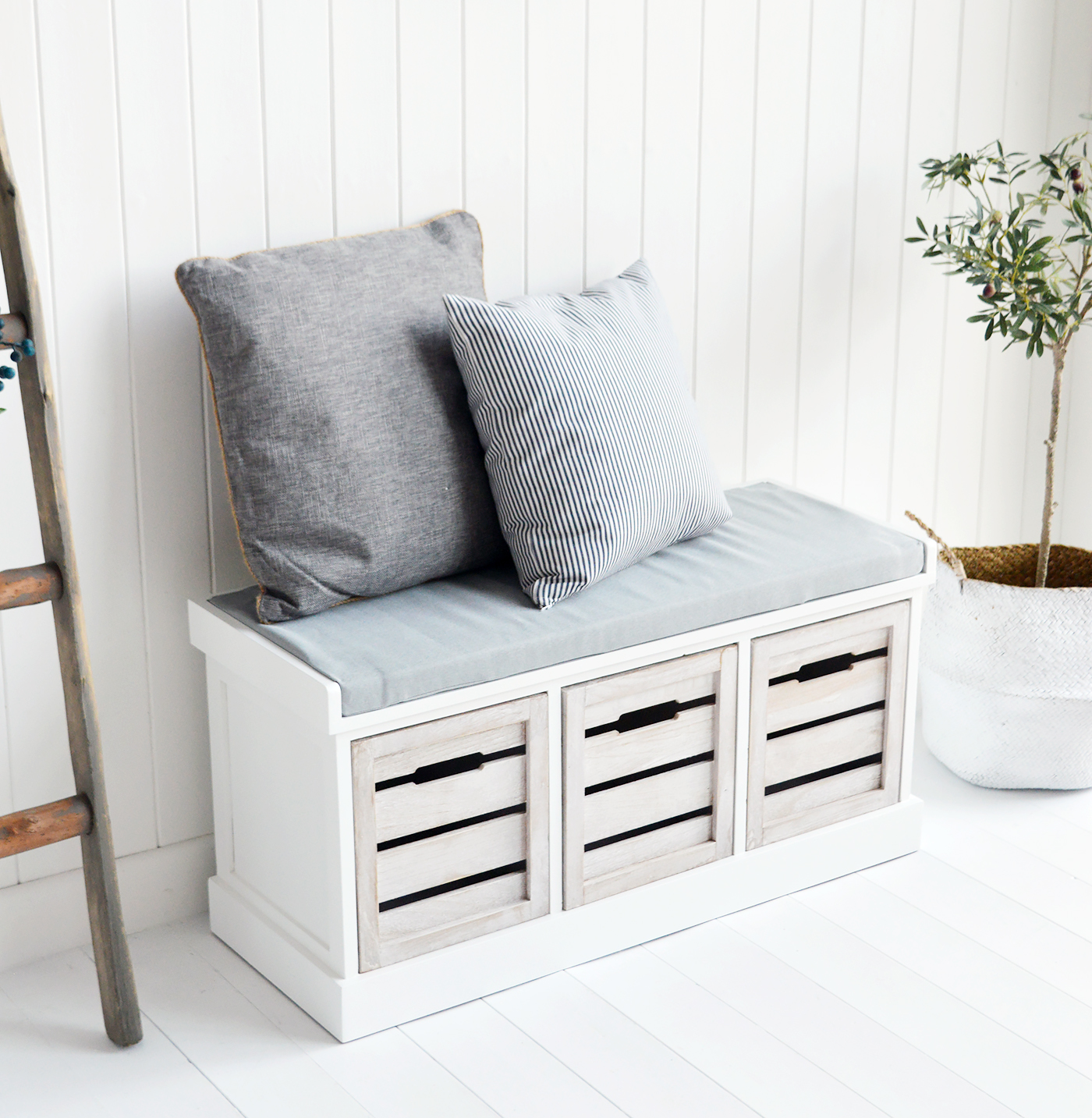 Hallway furniture New England, Coastal Country and City. Hartford white and grey storage bench seat with three drawers for storage