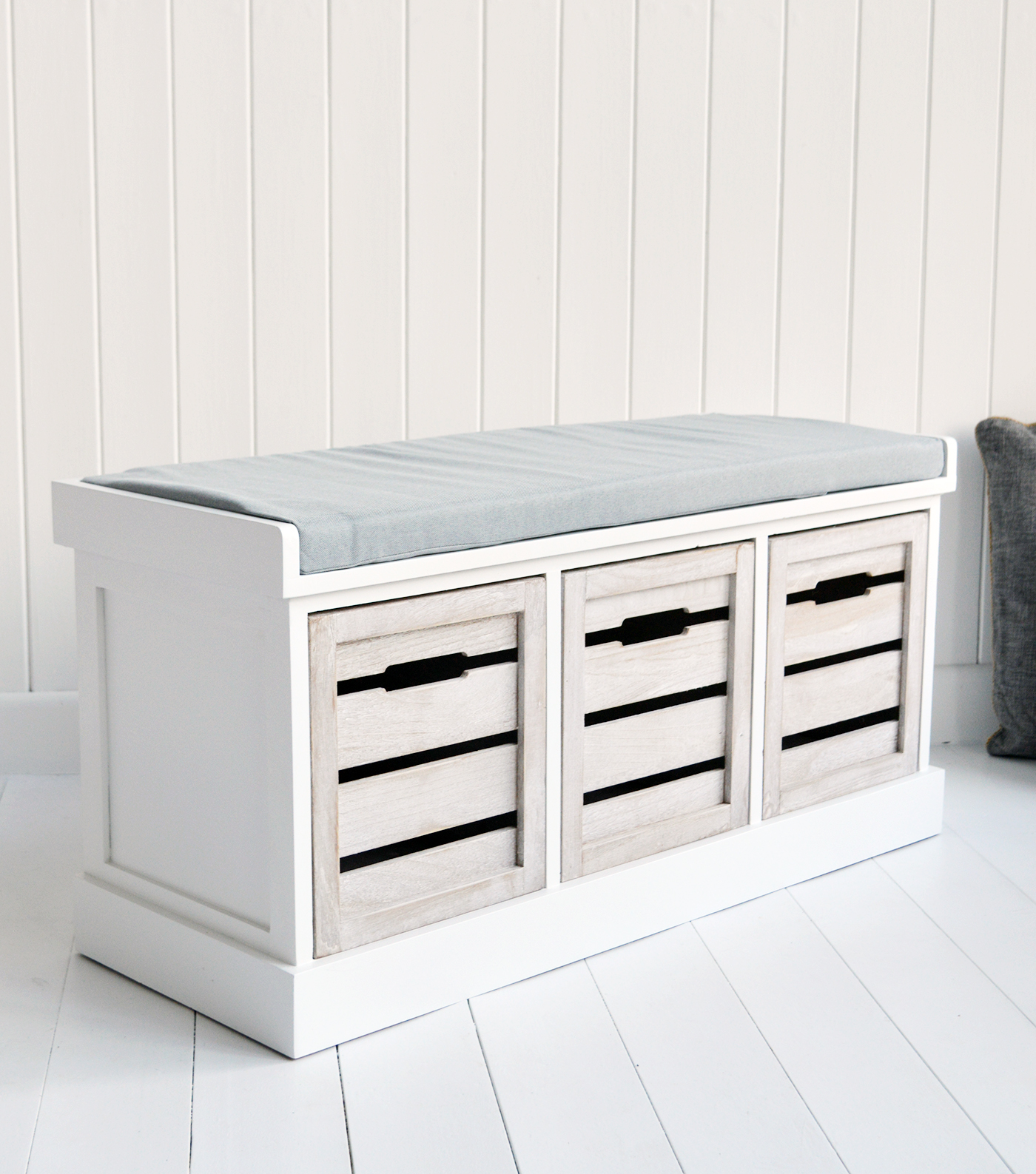 Hallway furniture New England, Coastal Country and City. Hartford white and grey storage bench seat with three drawers for storage