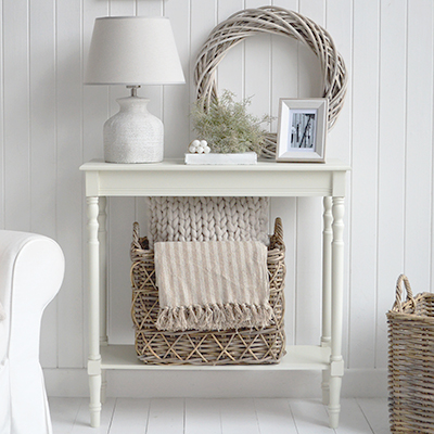 Sullivan cream console Table with shelf . Elegant New England Coastal Beach House and Modern Farmhouse Furniture