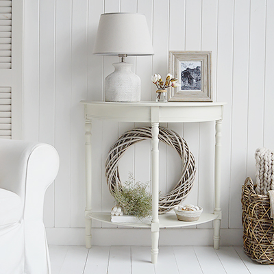 Sullivan Cream half moon console table . Elegant New England Coastal Beach House and Modern Farmhouse Furniture