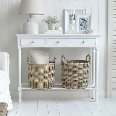 Georgetown white hallway console table with three drawers and a shelf. Hamptons, New England Coastal and Modern Farmhouse furniture and home interiors