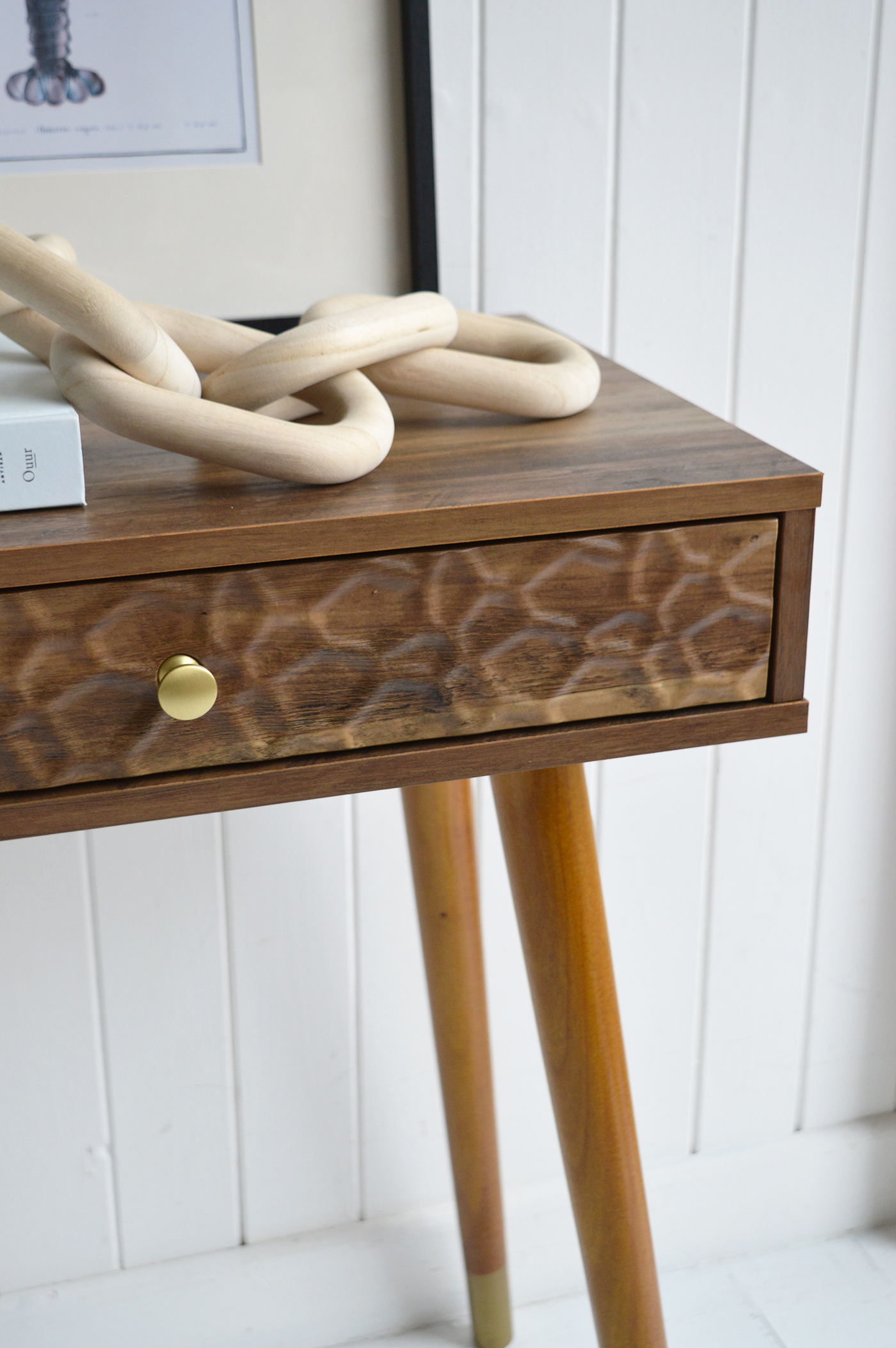 The Windsor console table with two drawers. With a minimal simple design, the Windsor table exhibits organic charm with the wood veneer finish along with rustic texture and warmth from the rippled drawers for farmhouse styled interiors