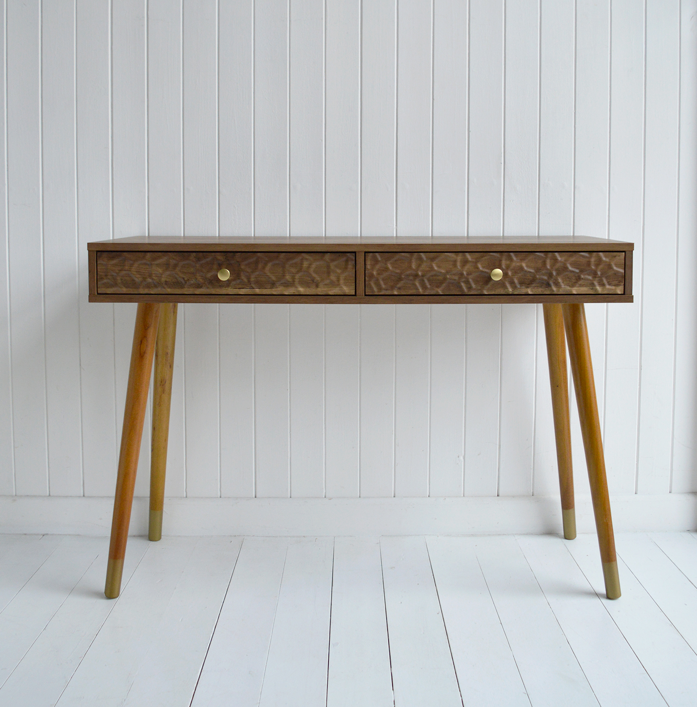 The Windsor console table with two drawers. With a minimal simple design, the Windsor table exhibits organic charm with the wood veneer finish along with rustic texture and warmth from the rippled drawers