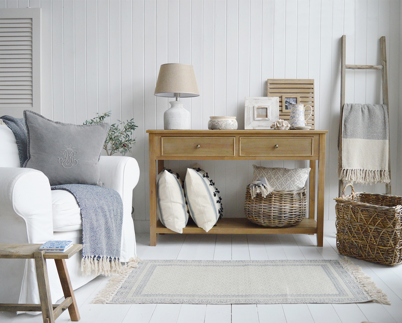 The Berkshire New England console table with two drawers and a shelf for homes in the style of modern farmhouse, country and coastal