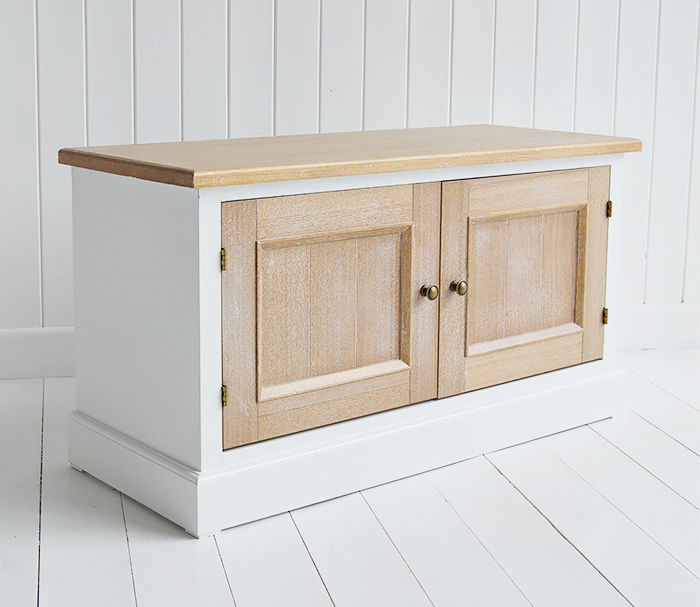 The White Lighthouse hallway furniture. The sturdy and solid Canterbury is ideal as a hallway bench, window seat or tv cabinet for a tv up to 42inch. The Canterbury blends beautifully into all New England style home interiors whether it be on the coast, in the country or the city