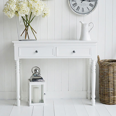 New England white console table with drawers