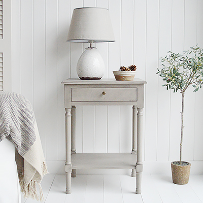 The White Lighthouse Sudbury Vintage Grey Console Table. Console tables with shelf. Hallway furniture and hall table. Ideal for hall or living room in New England style homes for country, coastal, farmhouse and city homes