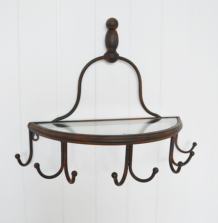 Sanford wall shelf with 8 hooks ideal for hallway furniture  for coat storage in New England country and coastal home interiors