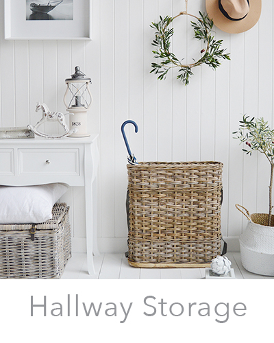 Hallway Storage Furniture. Perfect for small halls and entry ways. Specialising in New England and white furniture for country, coastal and city homes in UK and Ireland 