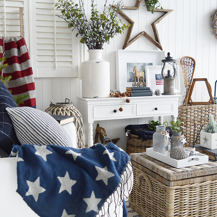 Get The New England Look with our white furniture. A traditional white living room with accents of the red white and blue stars and stripes. These colours are perfect along side white furniture to create the coastal and country home interiors