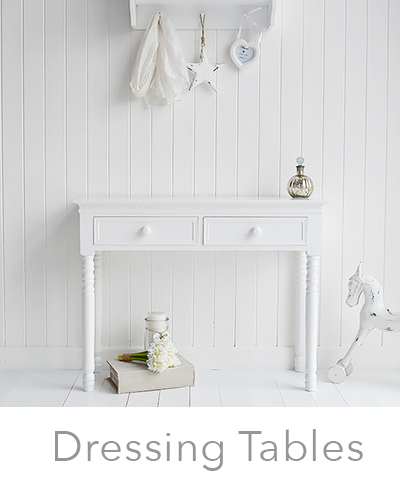 White dressing tables with drawers for New England country, coastal and cottage home interiors