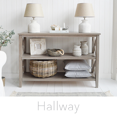 Hallway fruniture. Entry way furniture for all halls from narrow and small to grand dining halls in our New England style of interior design for country, coastal, cottage and city homes for delivery in UK from The White Lighthouse