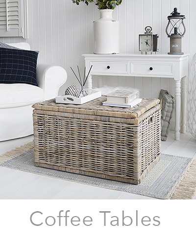 New England coastal, country and city coffee tables, with storage, willow, grey and white