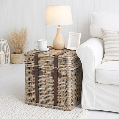 The Casco Bay grey willow coastal coffee table with storage for coastal furniture from The White Lighthouse. new England and Hamptons interiors and furniture for beautiful homes in coastal and country home interiors