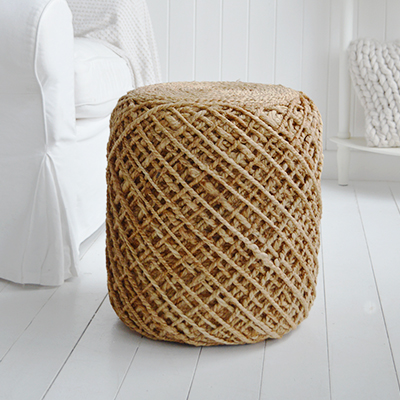 The Bayport Weave Stool, available in Pebble Grey and Coastal Hemp, adds texture and warmth to New England, coastal, and modern farmhouse interiors. Perfect as a seat, side table, or decorative accent.