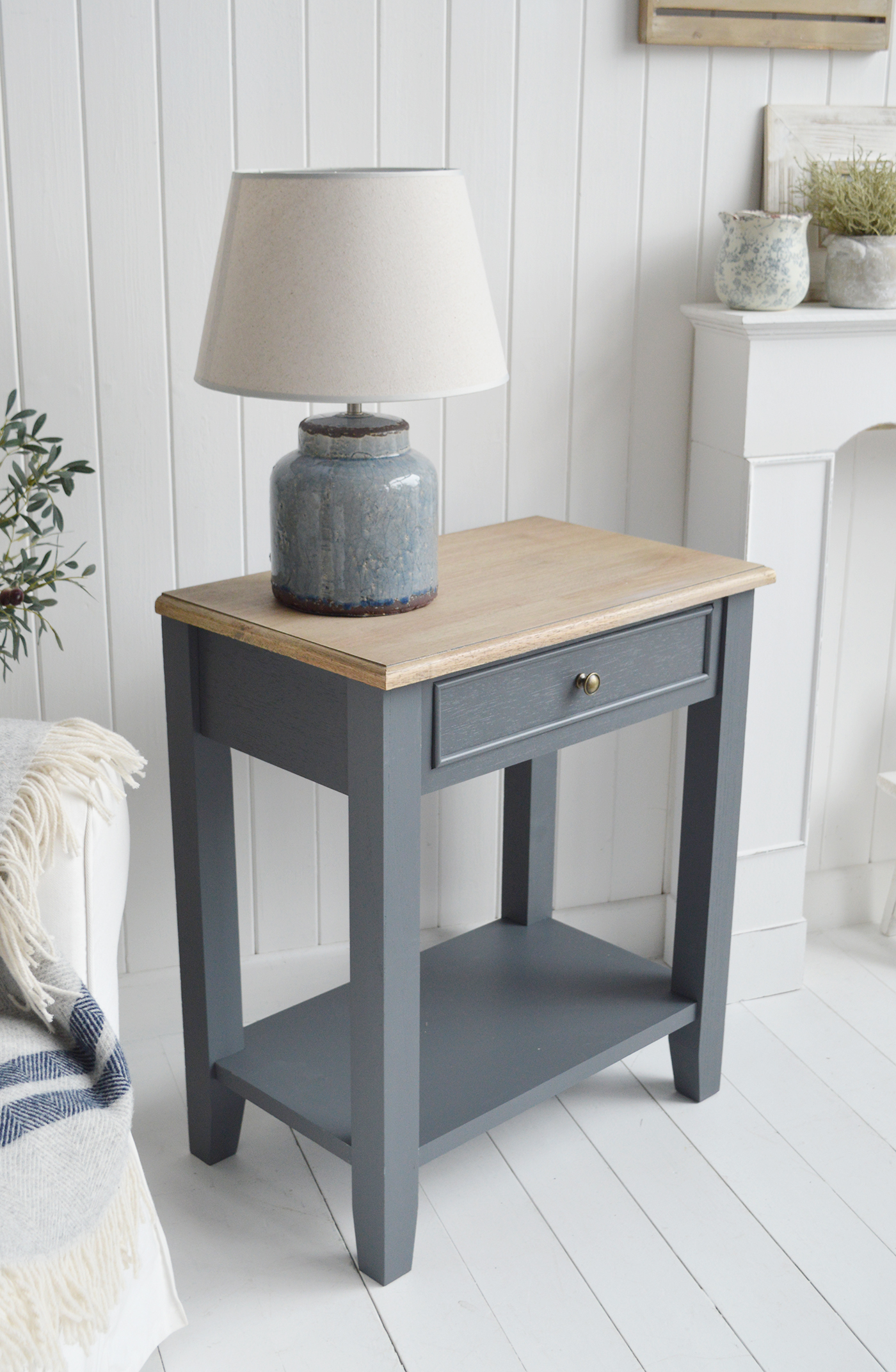 Berkshire large Midnight lamp table (similar to Farrow and Ball Railings). New England furniture for coastal, country and modern farmhouse style homes and interiors and decor for hallway furniture and living room design from The White Lighthouse Hallway