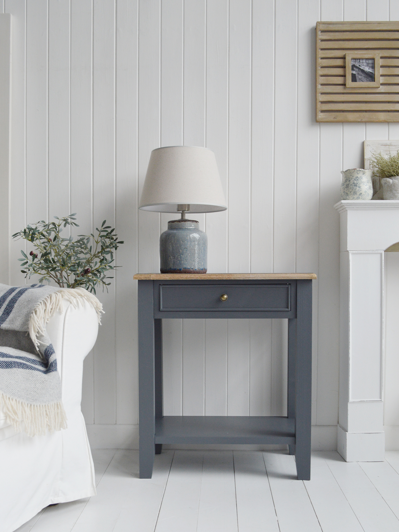 Berkshire large Midnight lamp table (similar to Farrow and Ball Railings). New England furniture for coastal, country and modern farmhouse style homes and interiors and decor for hallway furniture and living room design from The White Lighthouse Hallway